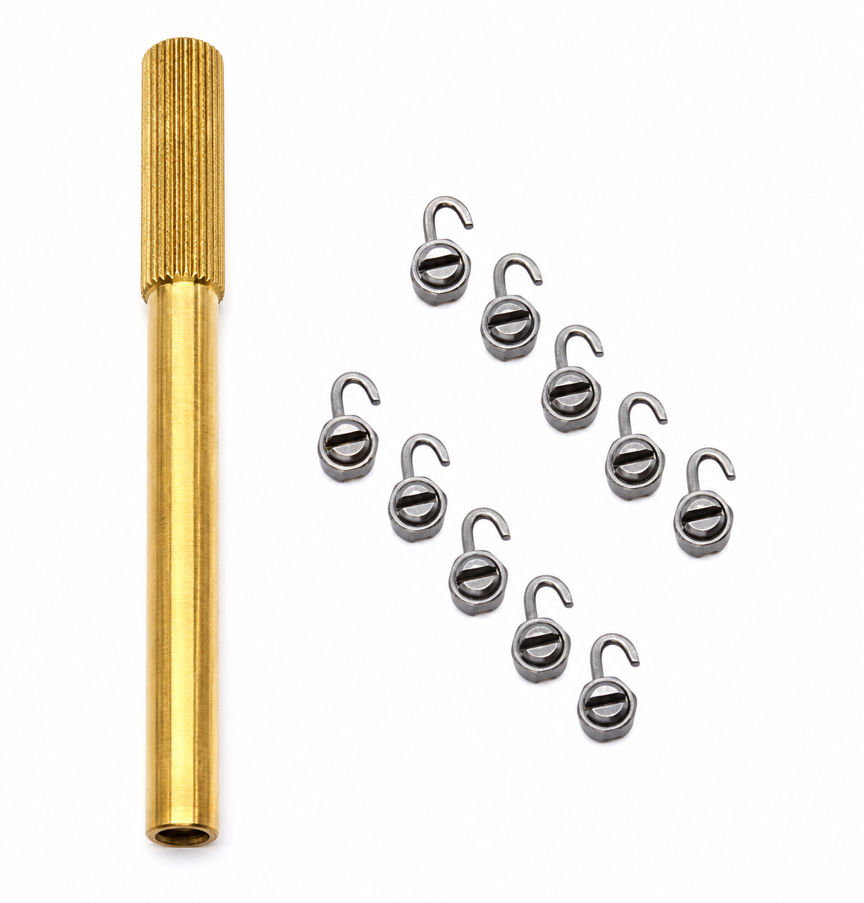 Gold tool with multiple silver hooks on a white background