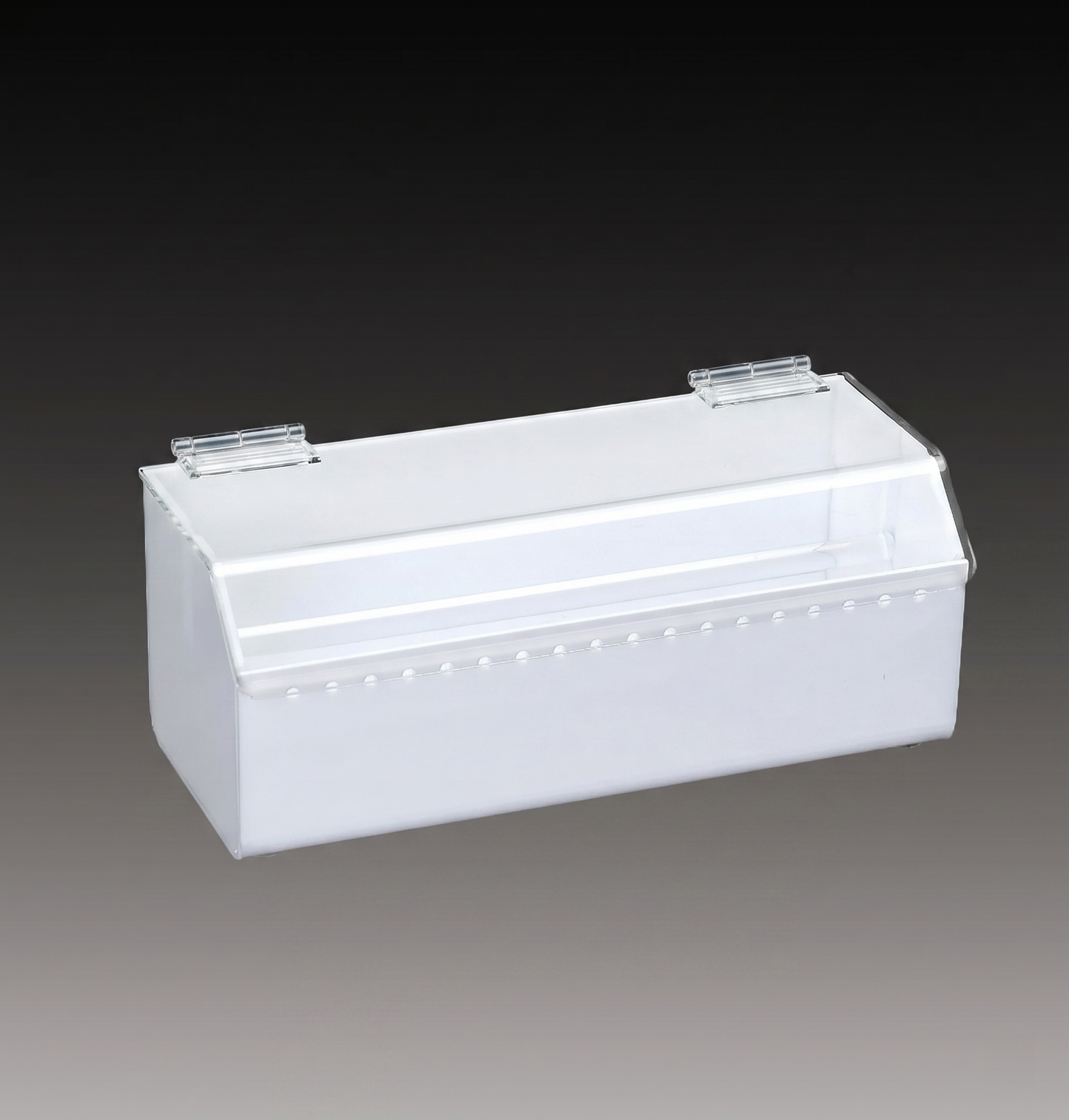 White rectangular plastic box with a lid on a gray background