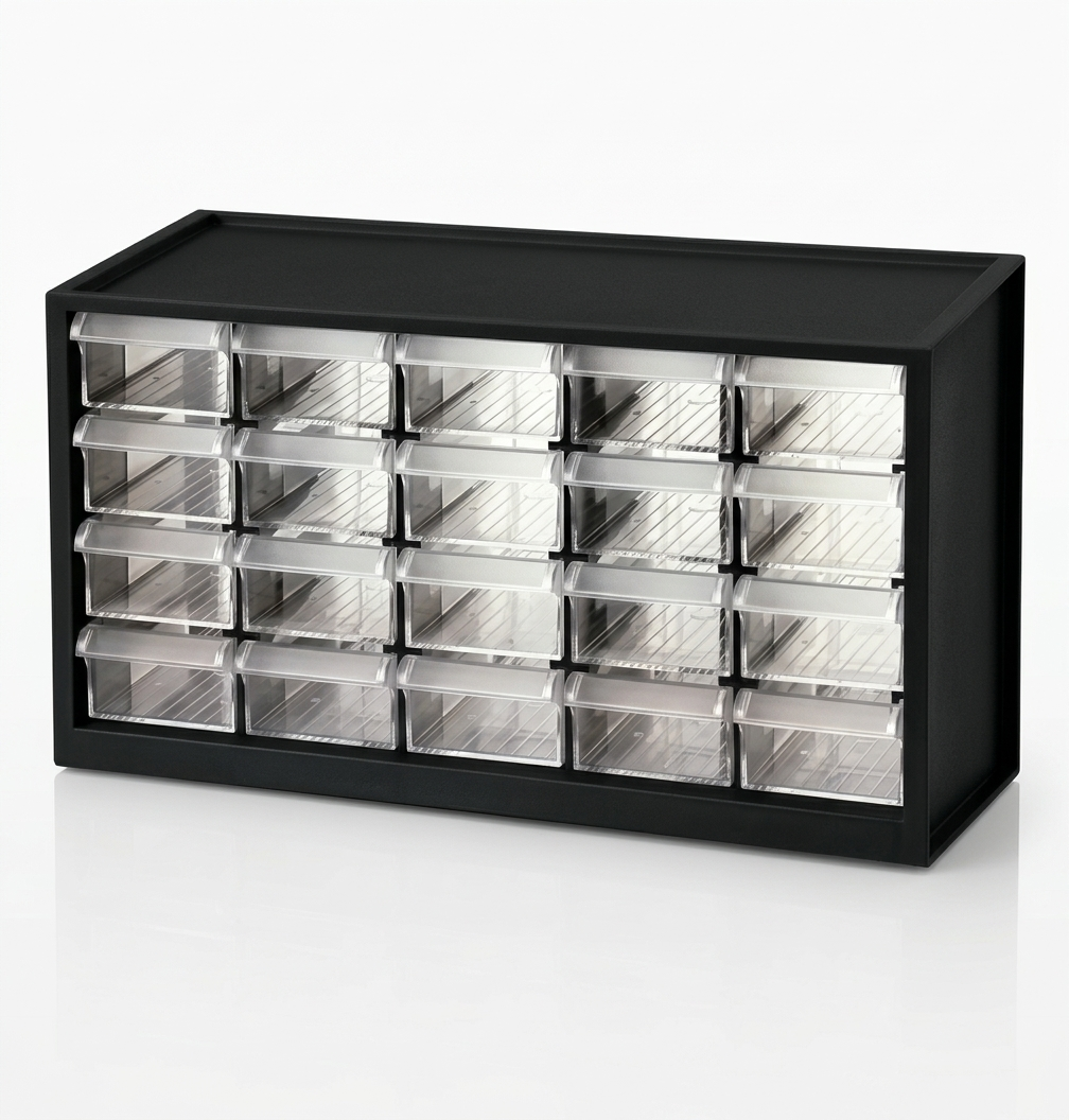 Black storage cabinet with multiple transparent drawers on a white background