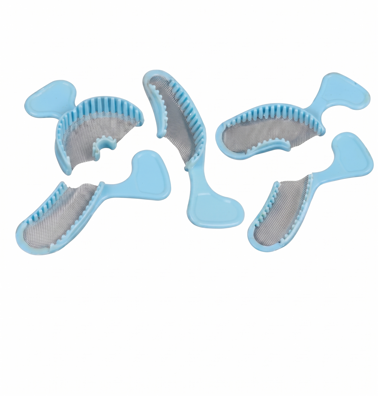 Set of four blue and gray pet grooming tools on a white background