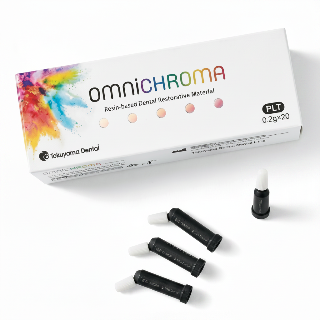 omnichroma resin-based dental restorative material packaging with four black tubes on a white background