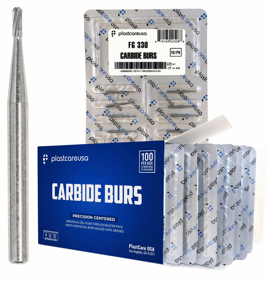 Plastcore USA carbide burs packaging and individual burs on a white background