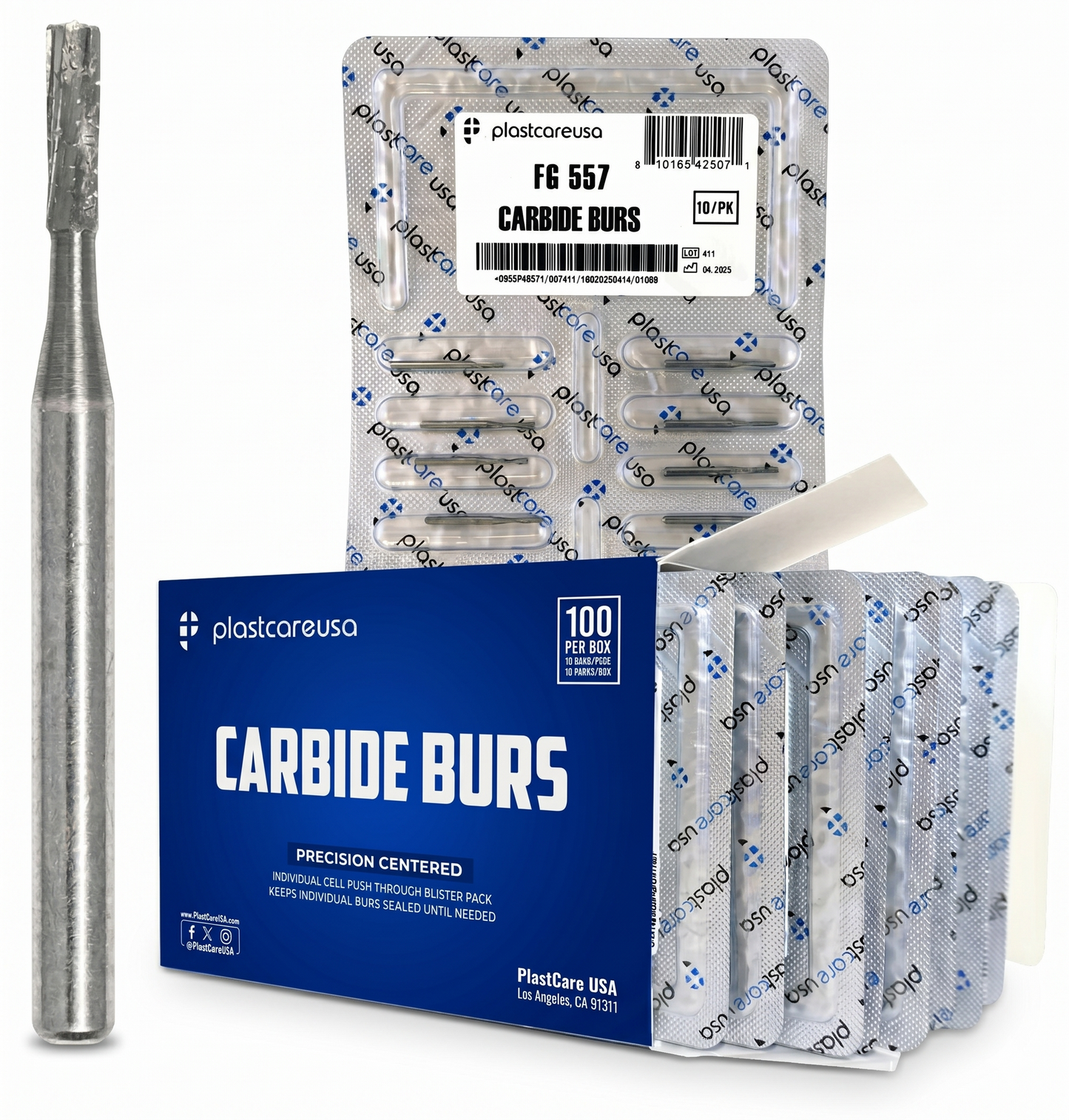 PlastCare USA carbide burs packaging with a single bur on a white background