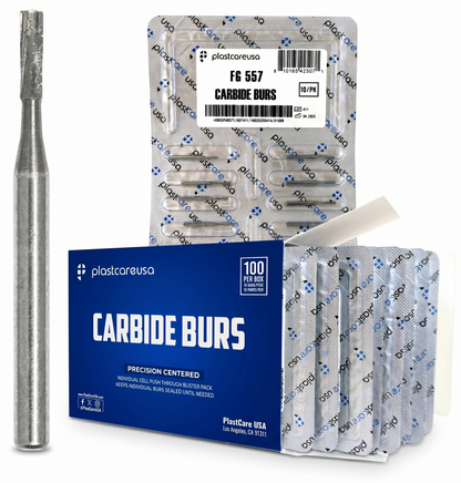 PlastCare USA carbide burs packaging with a single bur on a white background