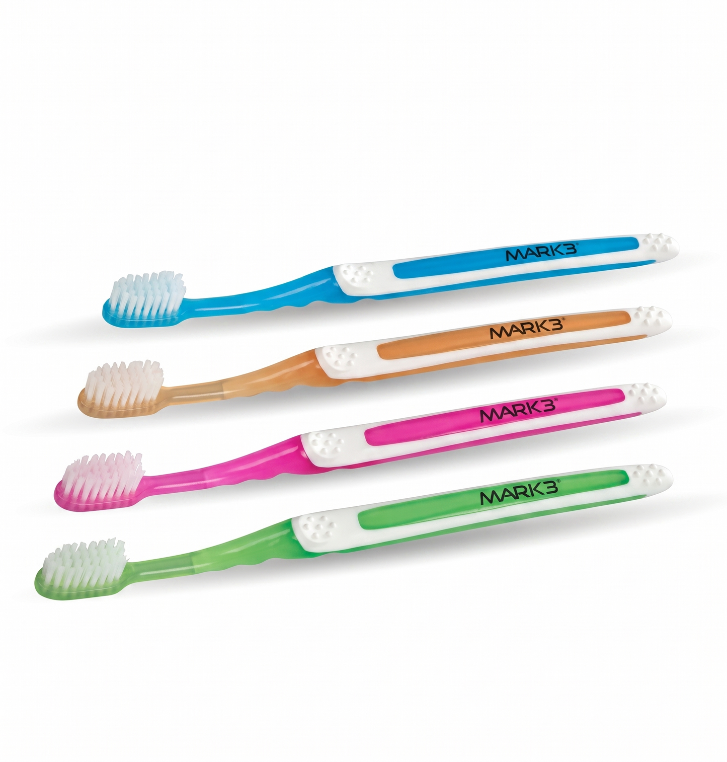 Five colorful toothbrushes with 'MARK3' branding on a white background