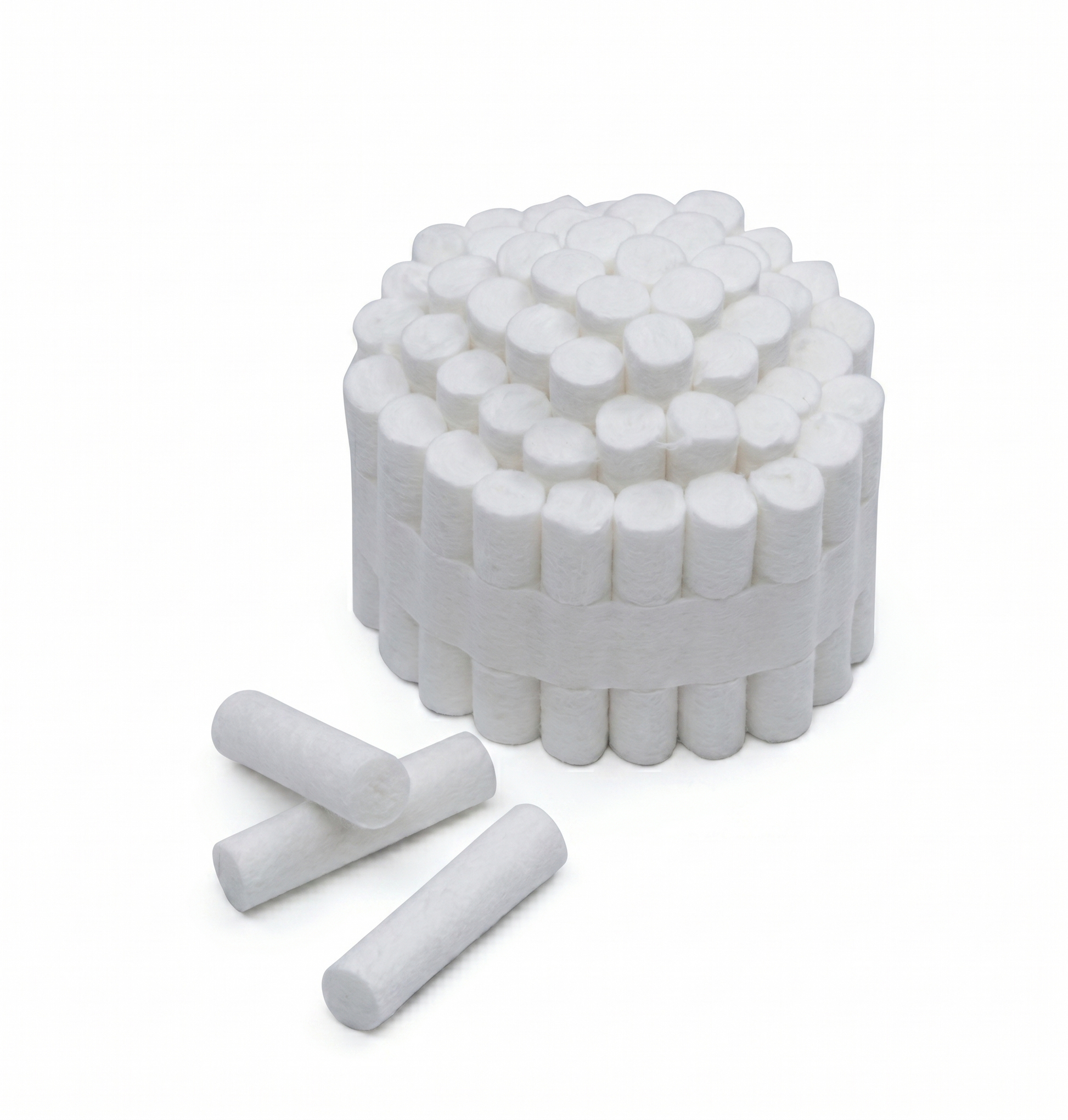 Stack of cotton rolls on a white background