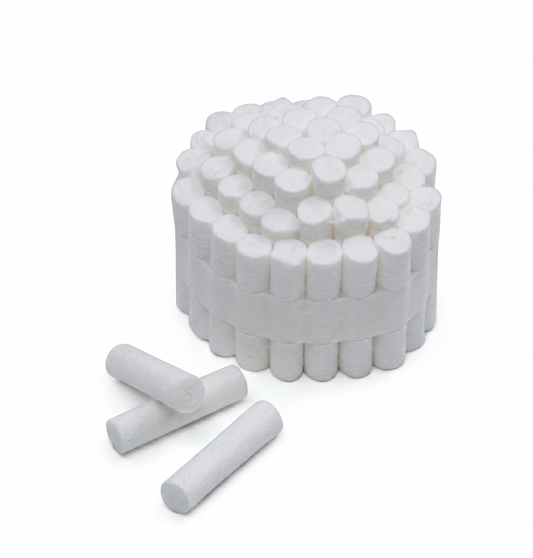 Stack of cotton rolls on a white background
