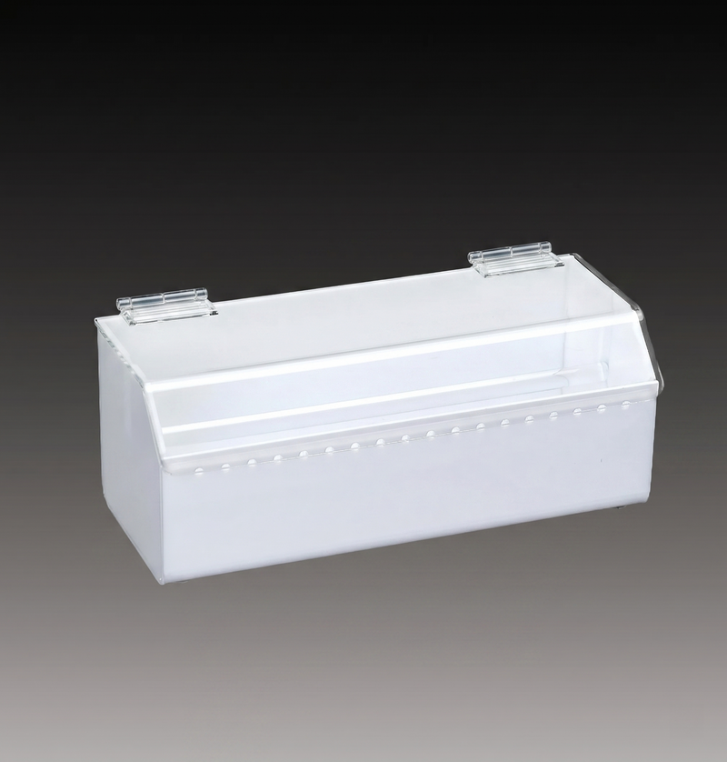 White rectangular plastic box with a lid on a gray background
