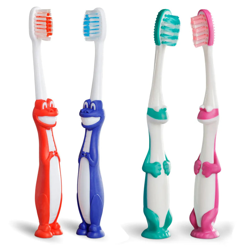 Four colorful children's toothbrushes with cartoon character handles on a white background