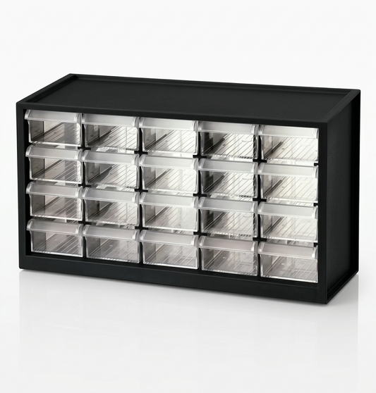Black storage cabinet with multiple transparent drawers on a white background