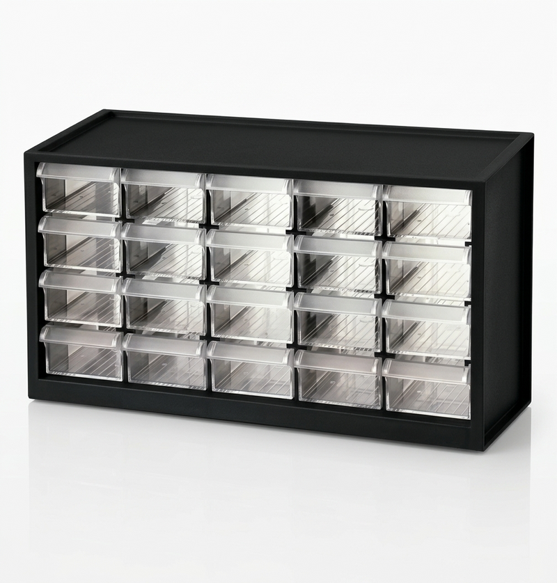 Black storage cabinet with multiple transparent drawers on a white background