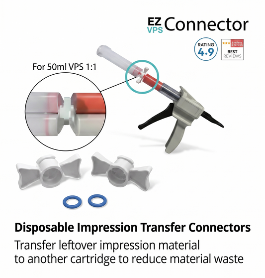 EZ Connector disposable impression transfer connectors with rating and product details on a white background