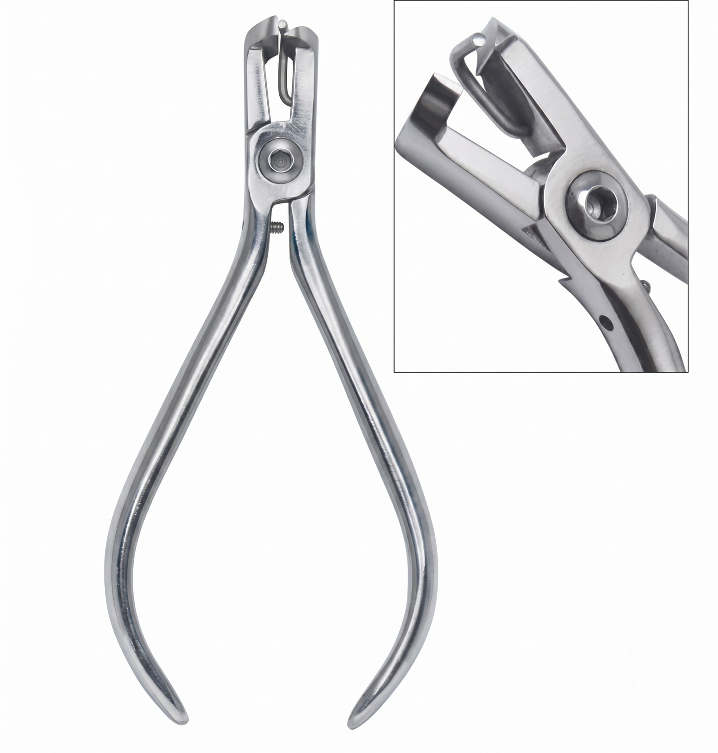Metal pliers with a close-up inset on a white background