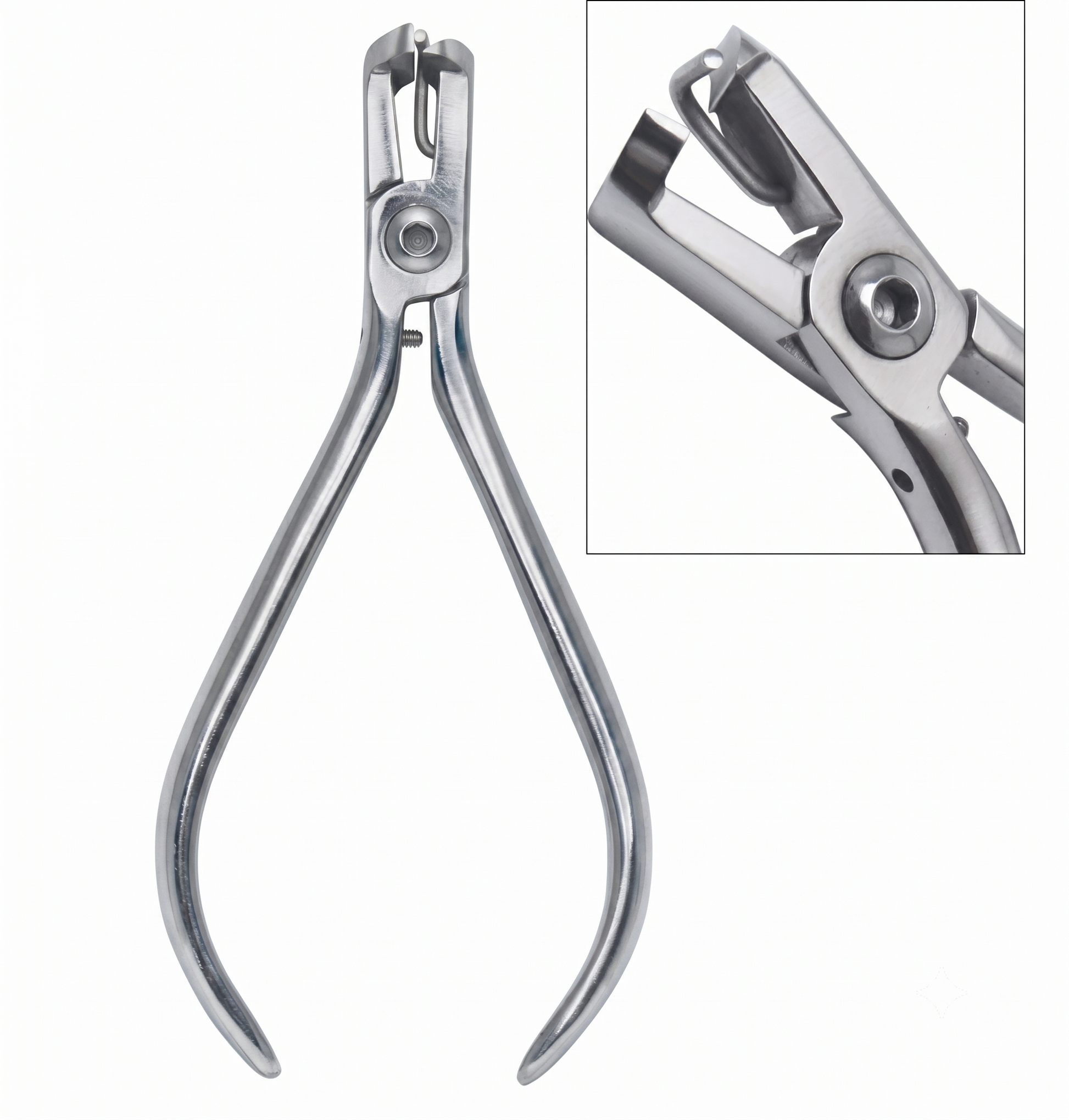Metal pliers with a close-up inset on a white background