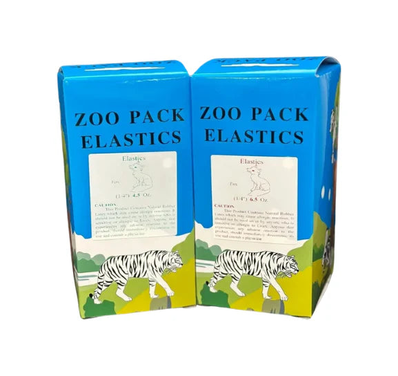 Two boxes of 'Zoo Pack Elastics' with tiger illustrations on a white background