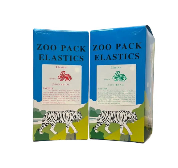 Two boxes of Zoo Pack Elastics with tiger illustrations on a white background