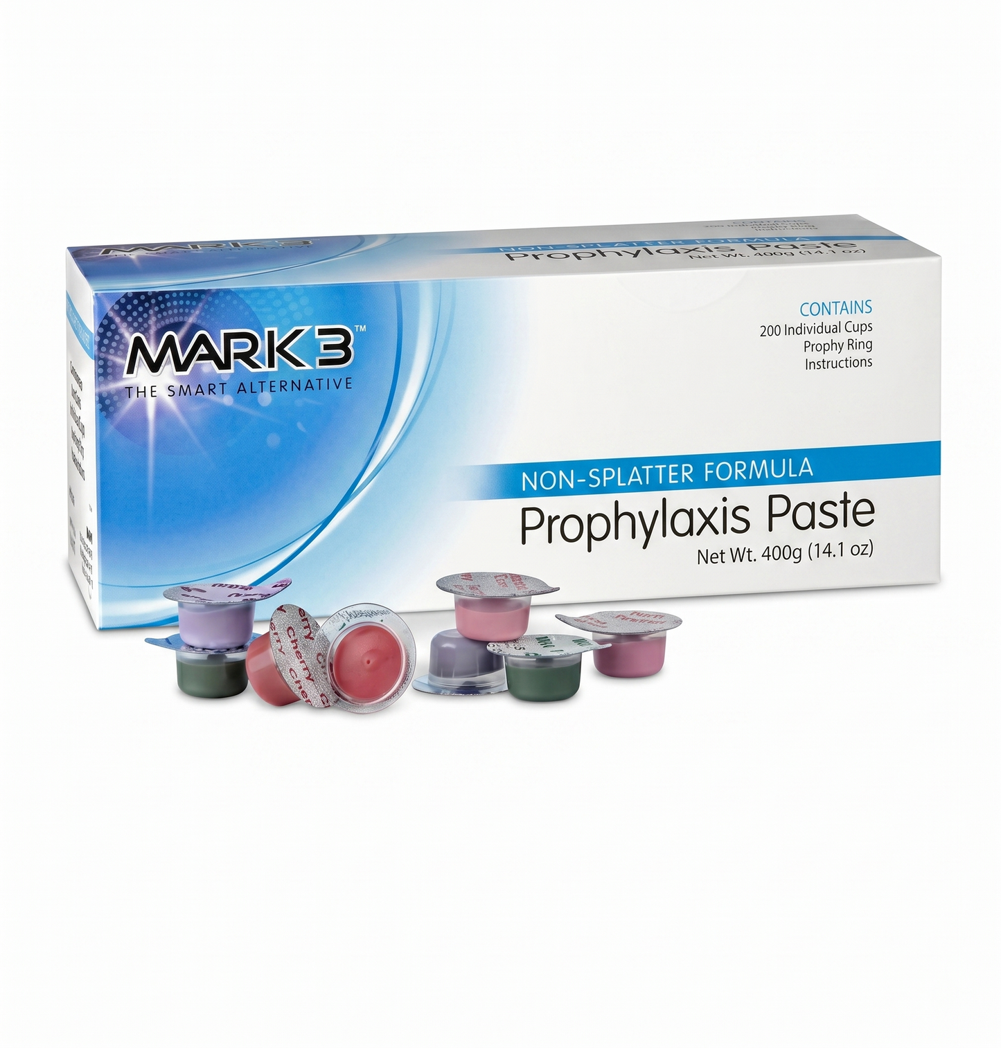 Box of Mark 3 Prophylaxis Paste with individual cups on a white background