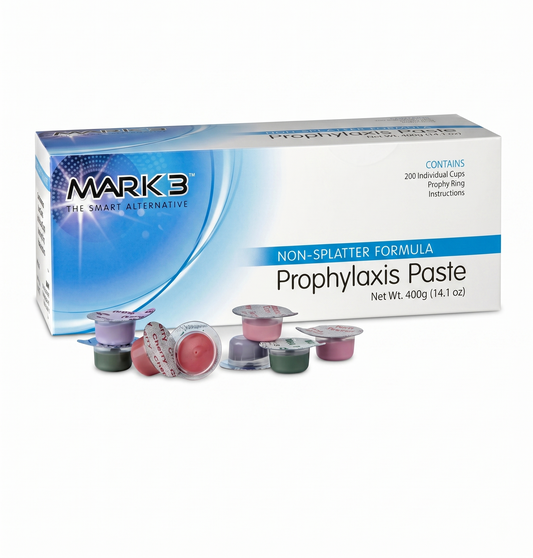 Box of Mark 3 Prophylaxis Paste with individual cups on a white background