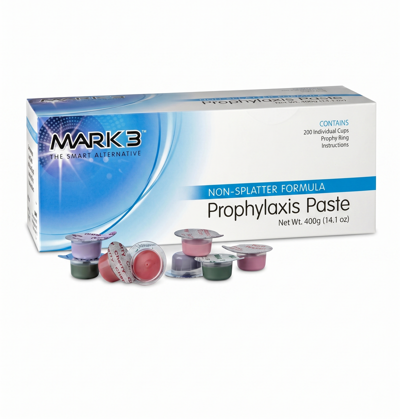 Box of Mark 3 Prophylaxis Paste with individual cups on a white background