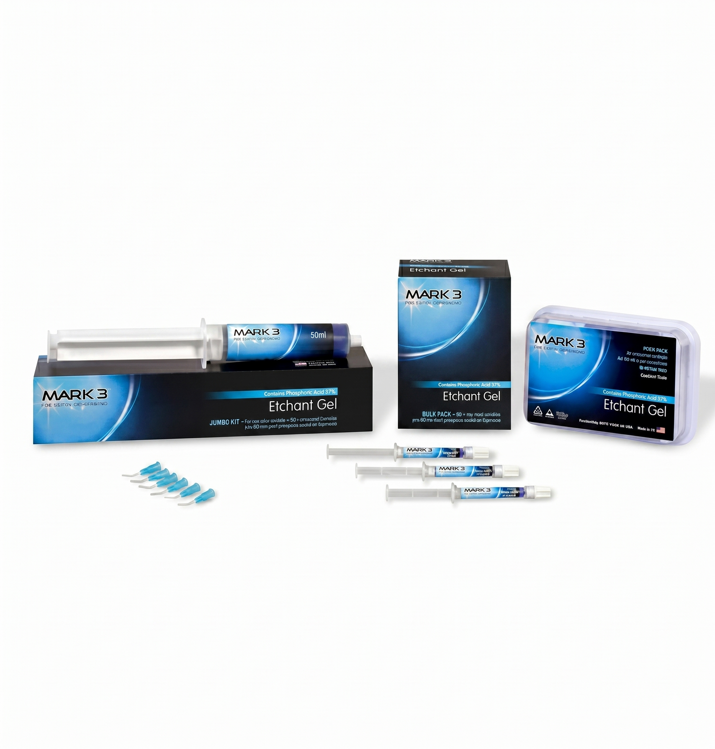 MARK 3 Etchant Gel packaging and syringes on a white background
