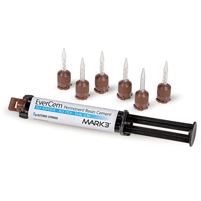 EverCem Mark3 dental resin cement syringe with multiple nozzles on a white background