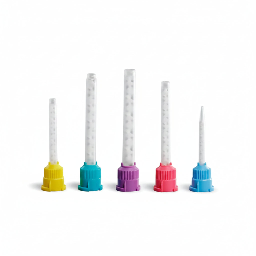 Set of five colorful LAD high perforamnce mixing tips on a white background