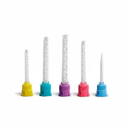 Set of five colorful LAD high perforamnce mixing tips on a white background