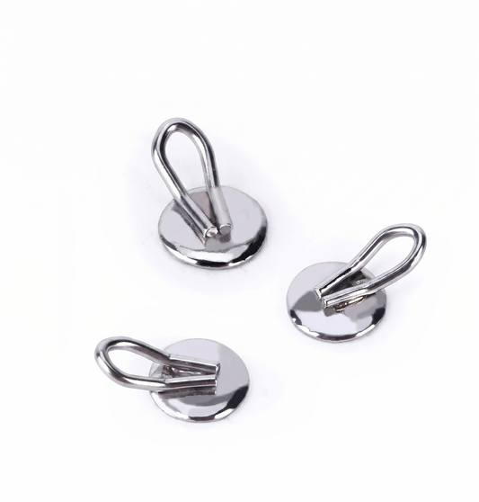 Three metallic hooks with loops on a white background