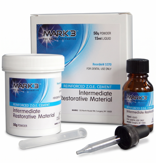 MARK3 dental material set including powder, liquid, and packaging on a white background