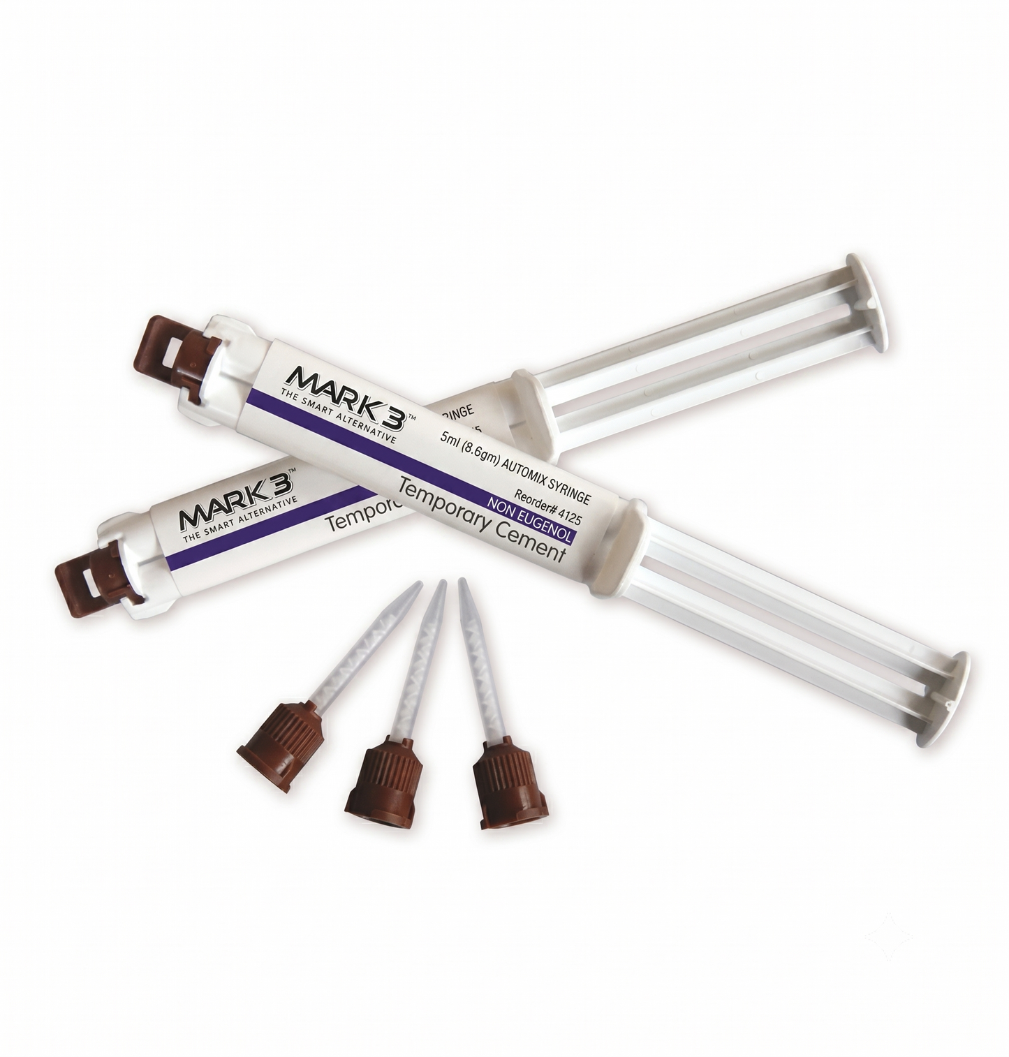 Two tubes of Mark 3 temporary cement with additional components on a white background