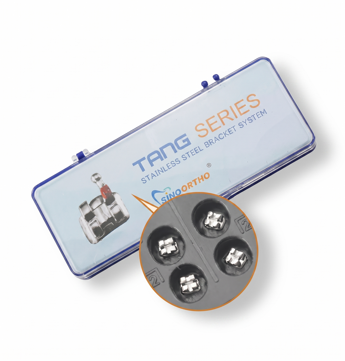 Tang Series stainless steel bracket system packaging with bracket close-up on a white background