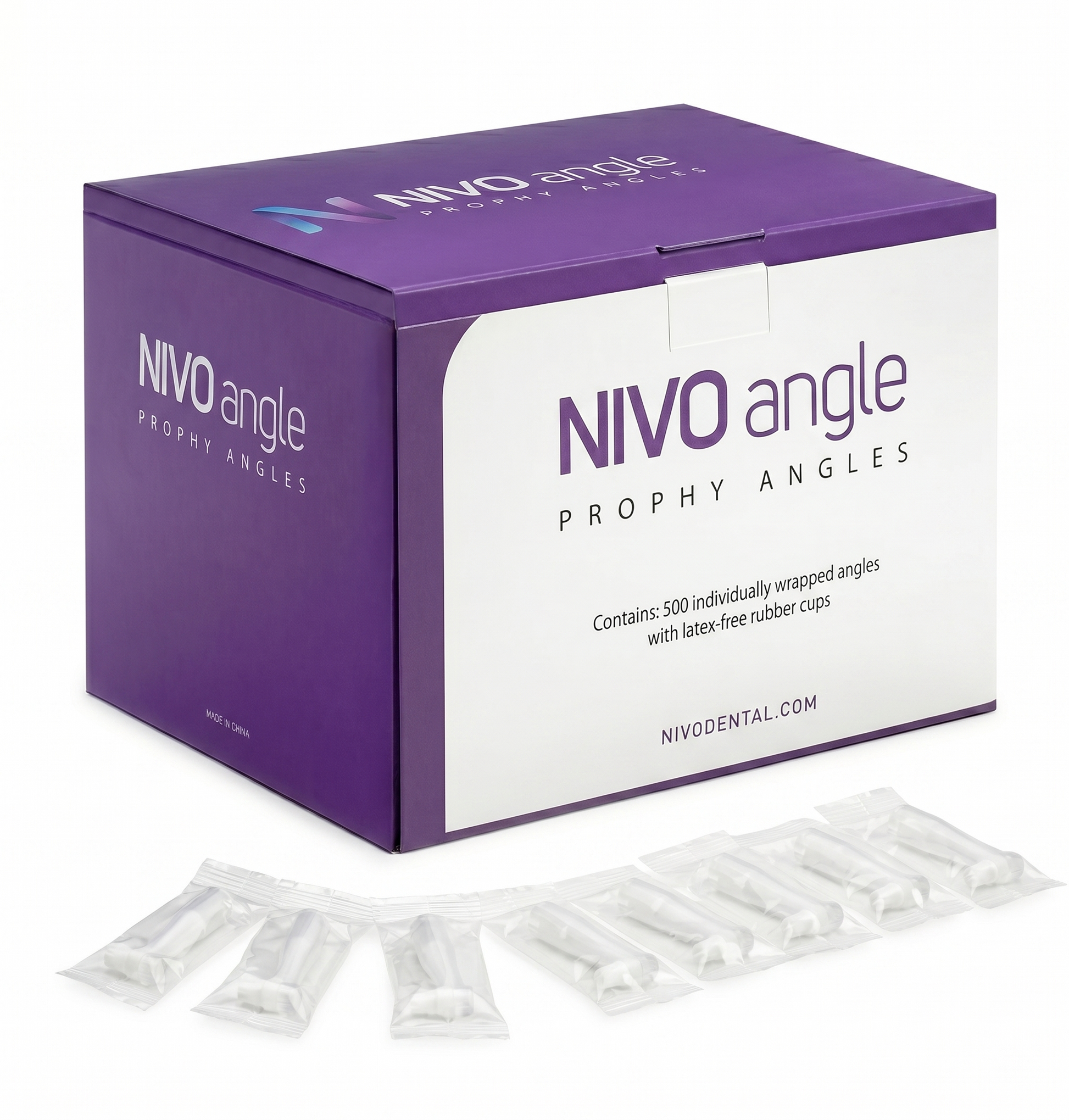 Box of Nivo Angle Prophy Angles with individual packets on a white background