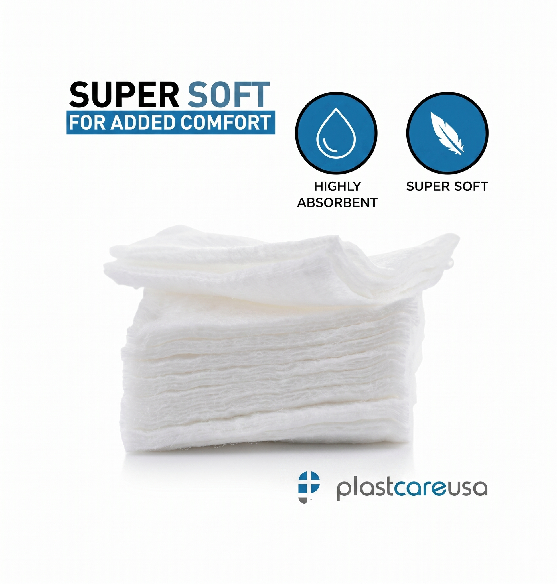Pack of white wipes with 'Super Soft' and 'Highly Absorbent' features on a white background, PlastcareUSA logo visible.