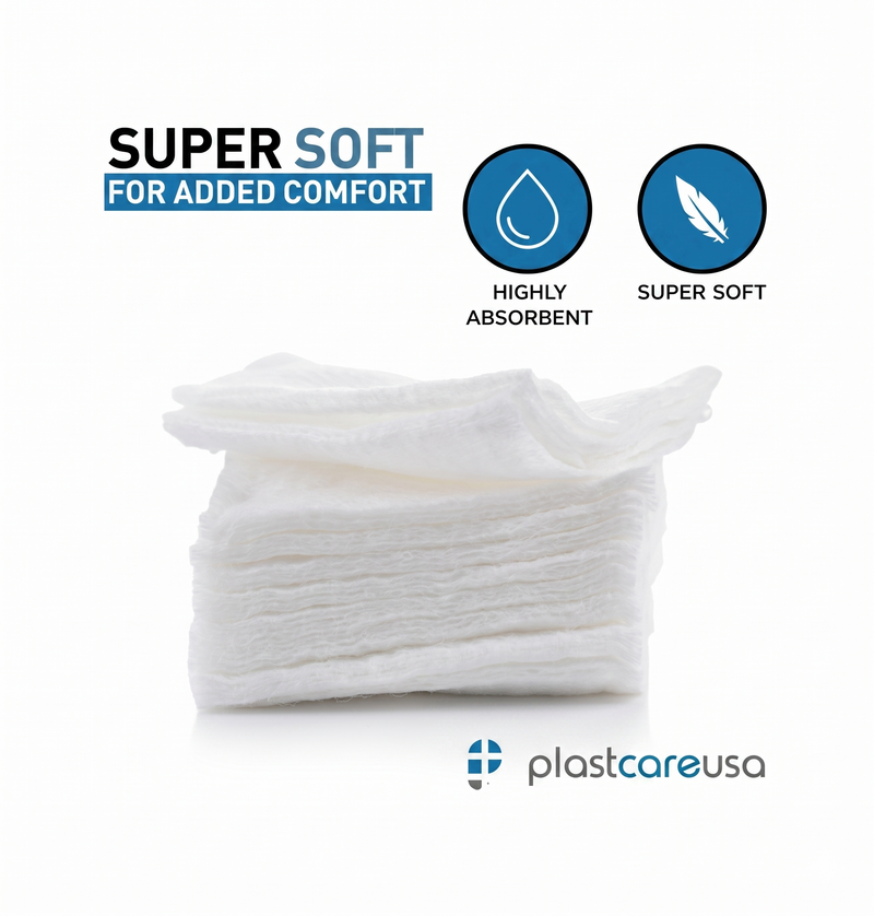 Pack of white wipes with 'Super Soft' and 'Highly Absorbent' features on a white background, PlastcareUSA logo visible.