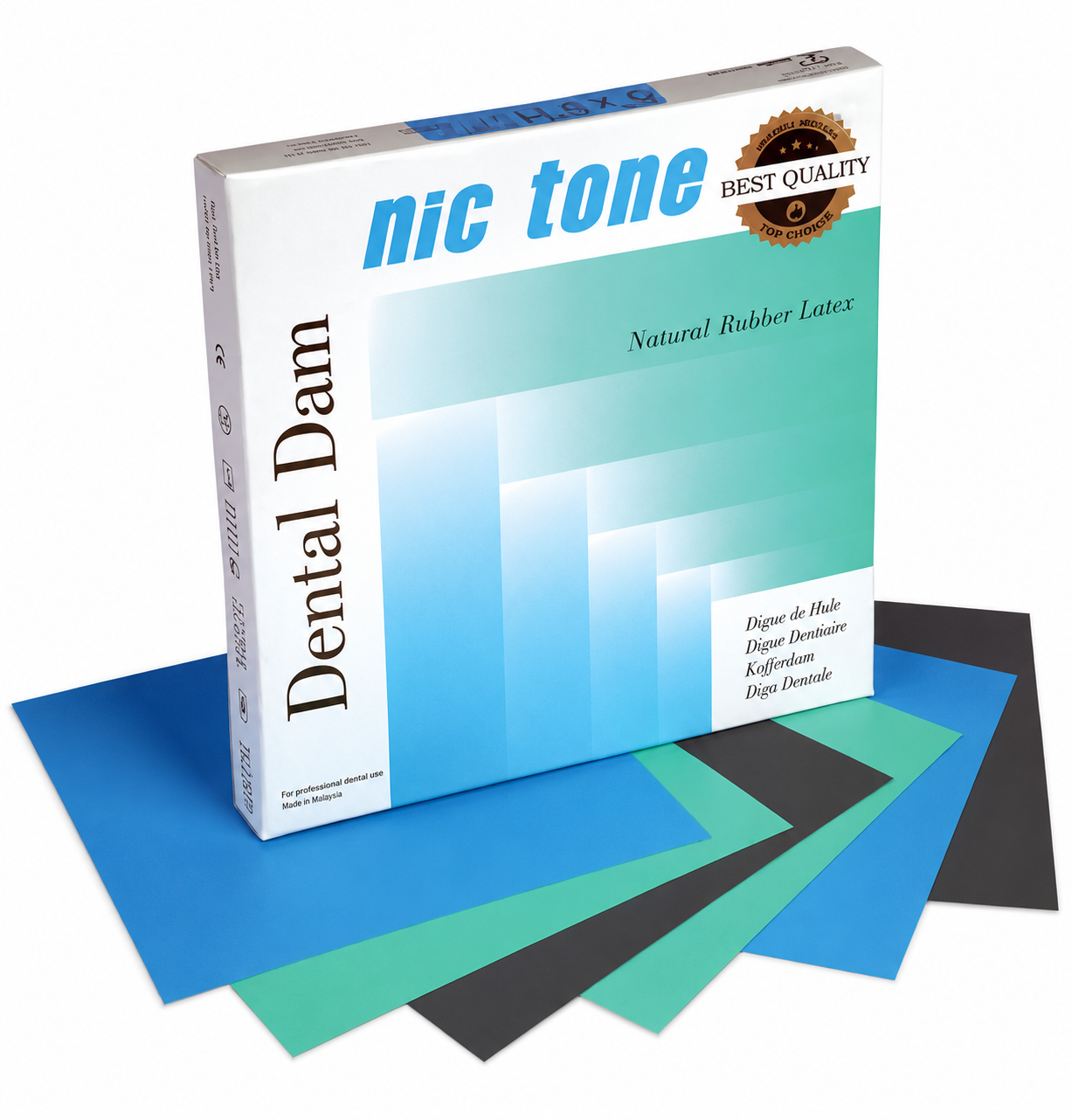 Box of nic tone dental dam with blue, green, and black materials on a white background
