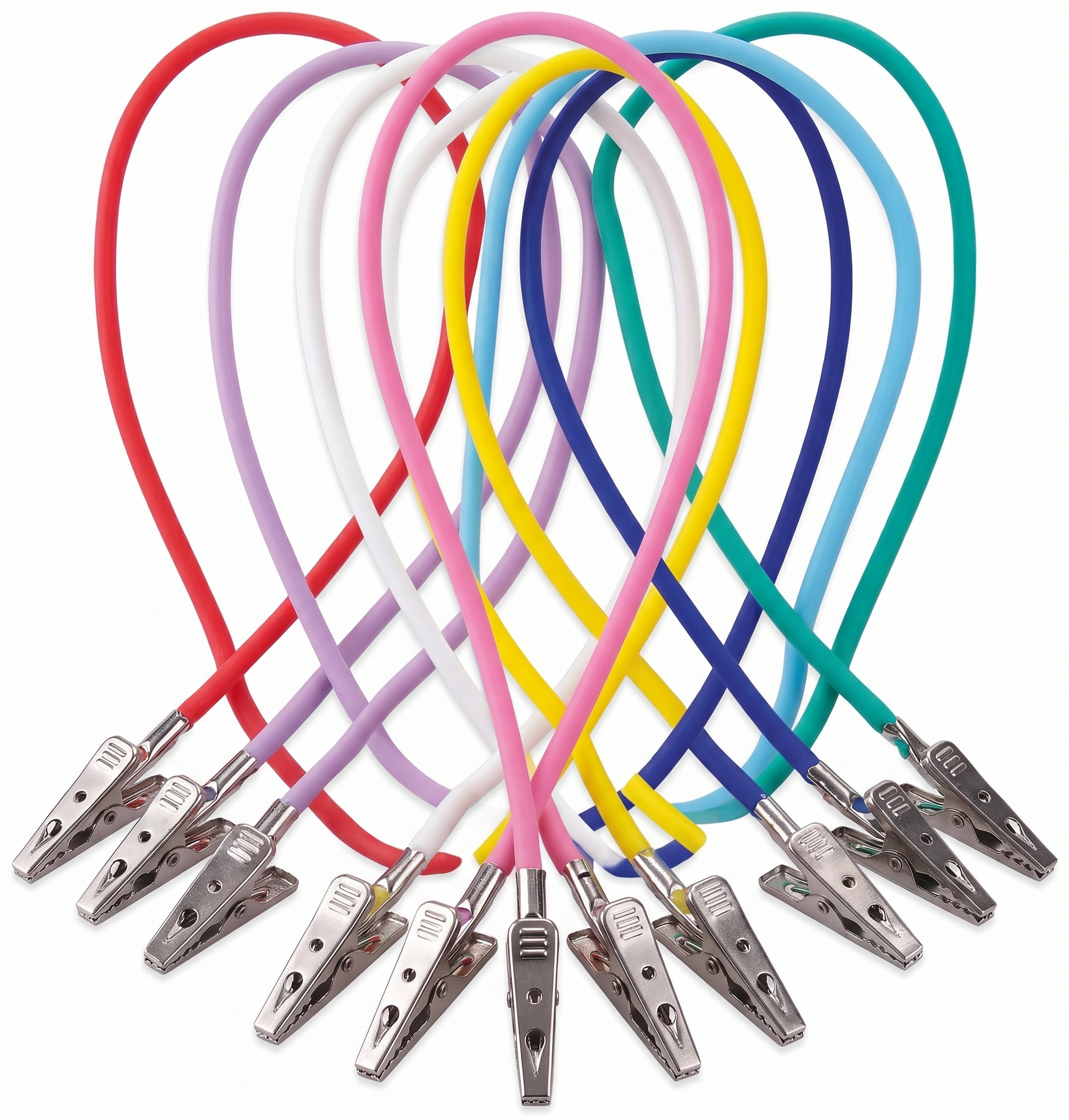 Set of colorful lanyards with metal clips on a white background