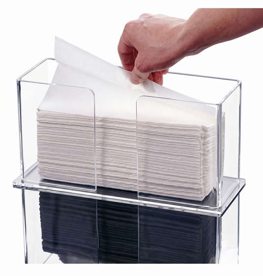 Hand reaching into a clear acrylic holder filled with white napkins on a white background