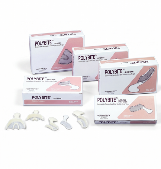 Polybite dental products with packaging on a white background