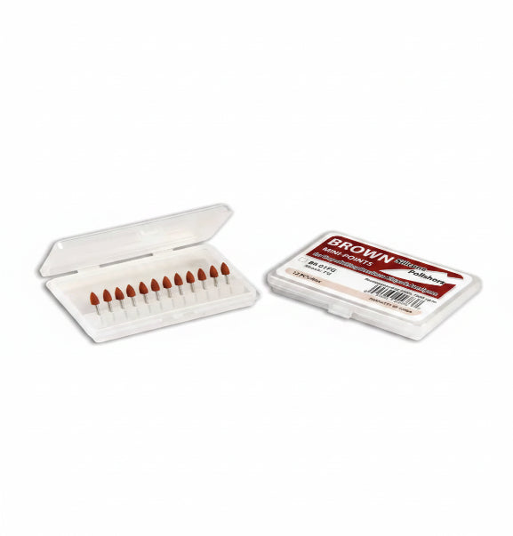 Set of brown silicon polishers for pre-polishing in a white case with a red label on a white background
