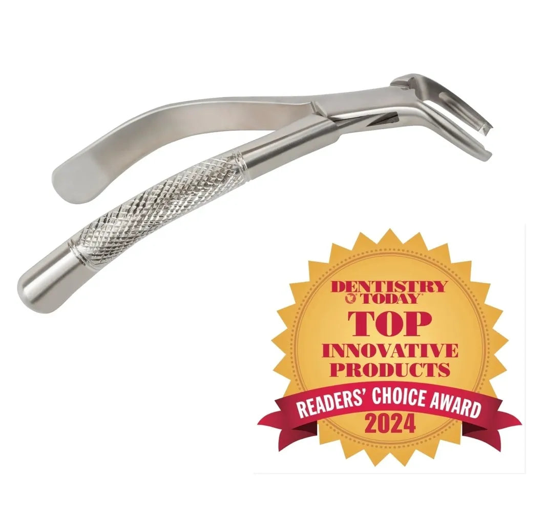 Metal dental tool with 'Dentistry Today Top Innovative Products Readers' Choice Award 2024' badge on a white background