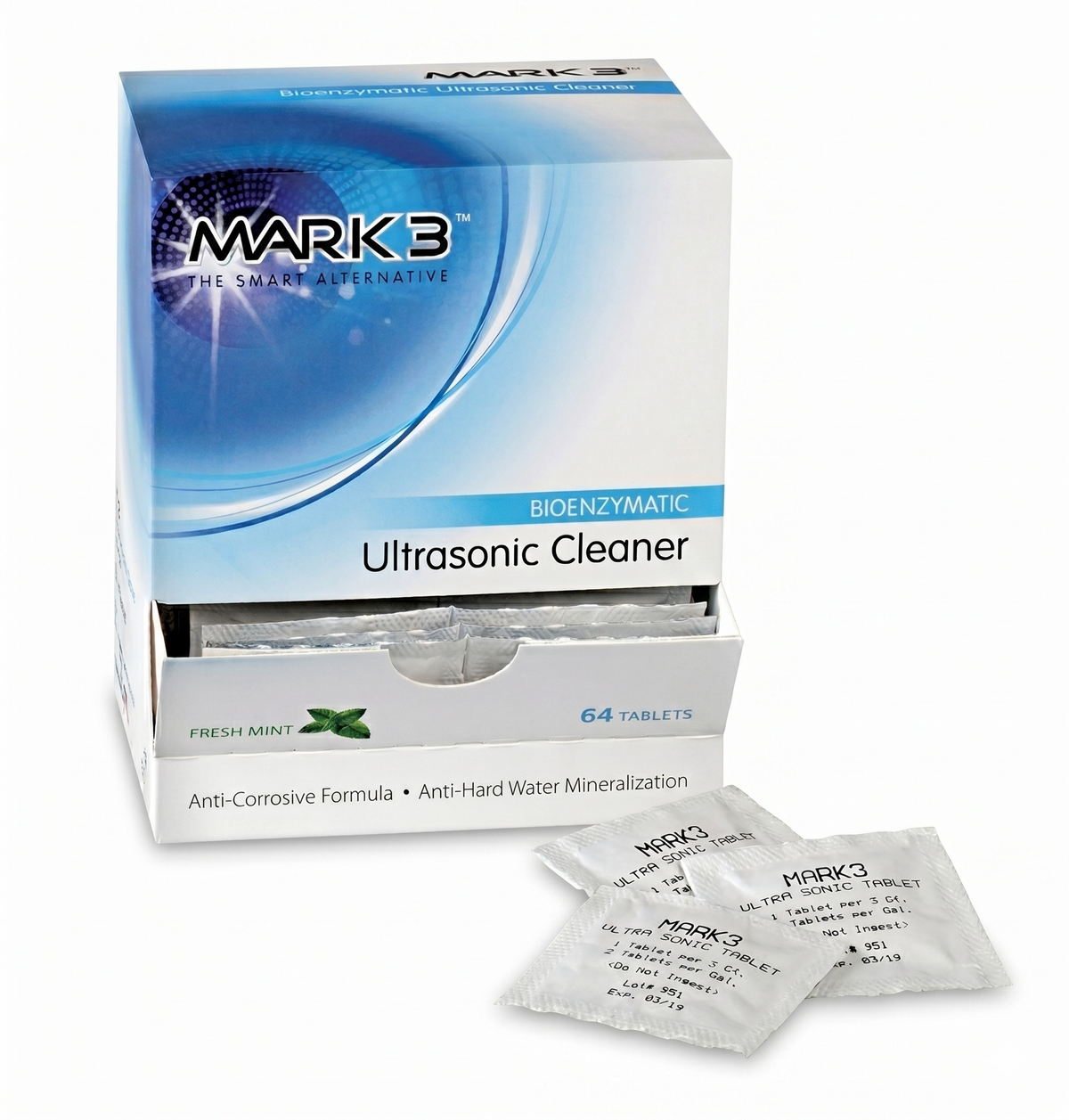 Box of Mark 3 ultrasonic cleaner tablets with packaging on a white background