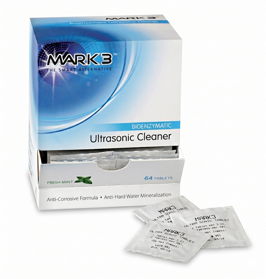 Box of Mark 3 ultrasonic cleaner tablets with packaging on a white background