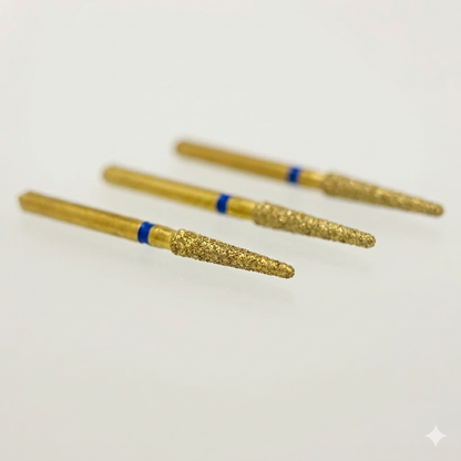 Three gold cylindrical objects with blue bands on a white background