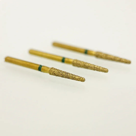 Three gold-colored cylindrical objects with green bands on a white background