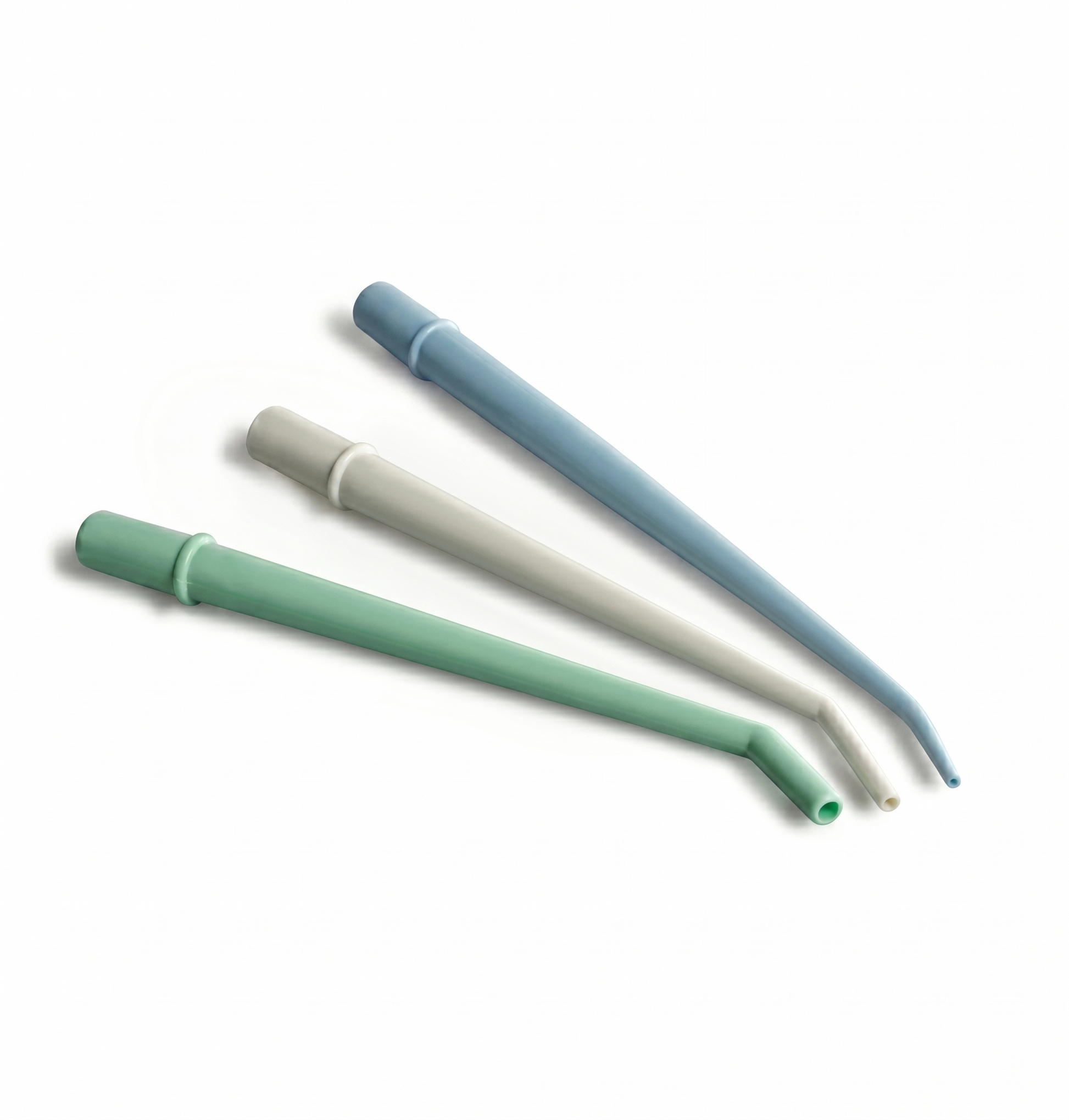 Three silicone straws in blue, green, and white on a white background